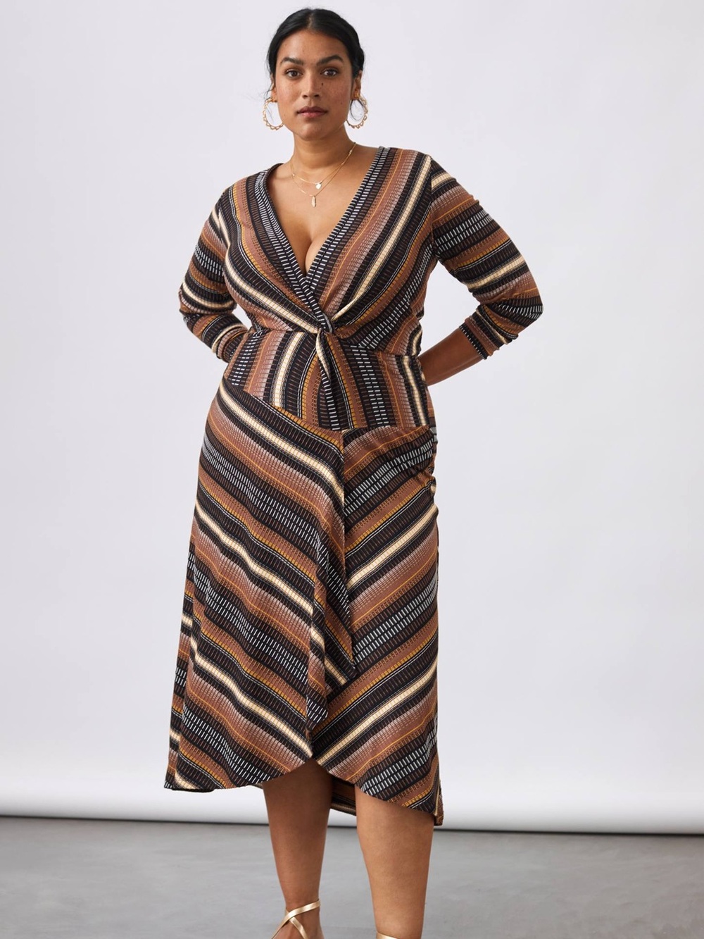 Anthropologie Maeve Striped Twist-Front Midi Dress in Brown, Tan & Black